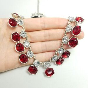 Vintage NRT Red Rhinestone Choker Collar Necklace, Adjustable, Chunky Statement